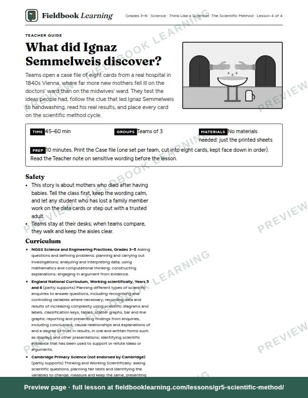 First page of the What did Ignaz Semmelweis discover? teacher guide