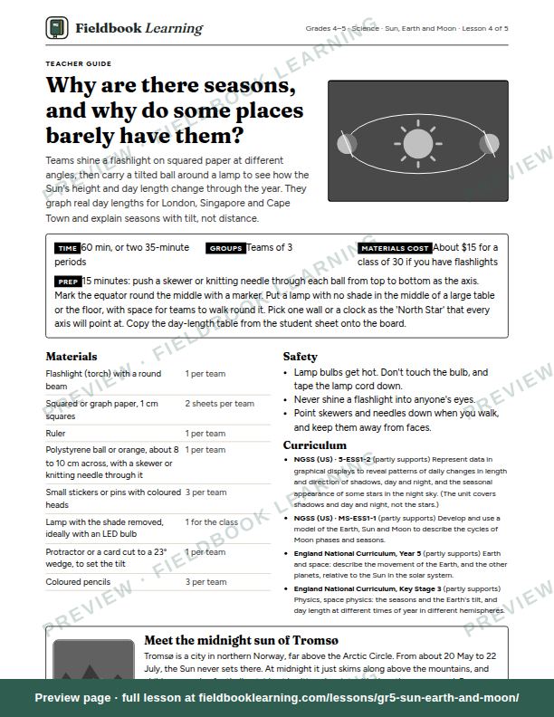 First page of the Why are there seasons, and why do some places barely have them? teacher guide