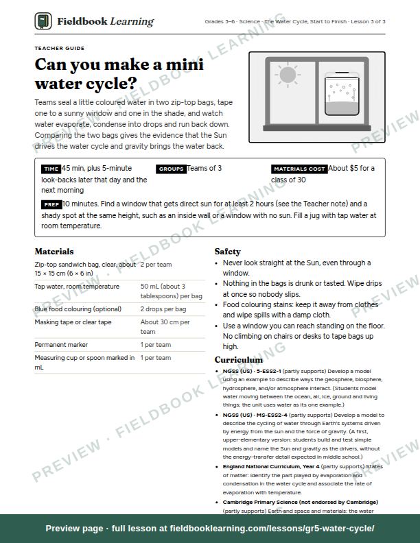 First page of the Can you make a mini water cycle? teacher guide