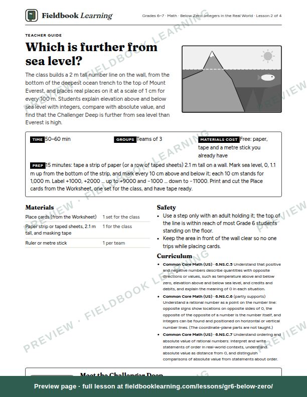 First page of the Which is further from sea level? teacher guide