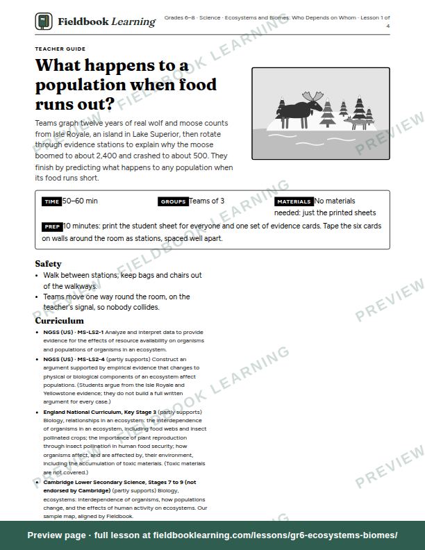 First page of the What happens to a population when food runs out? teacher guide