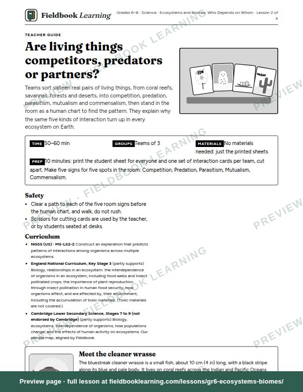 First page of the Are living things competitors, predators or partners? teacher guide