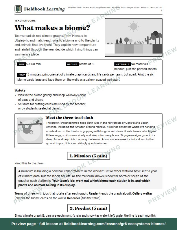 First page of the What makes a biome? teacher guide