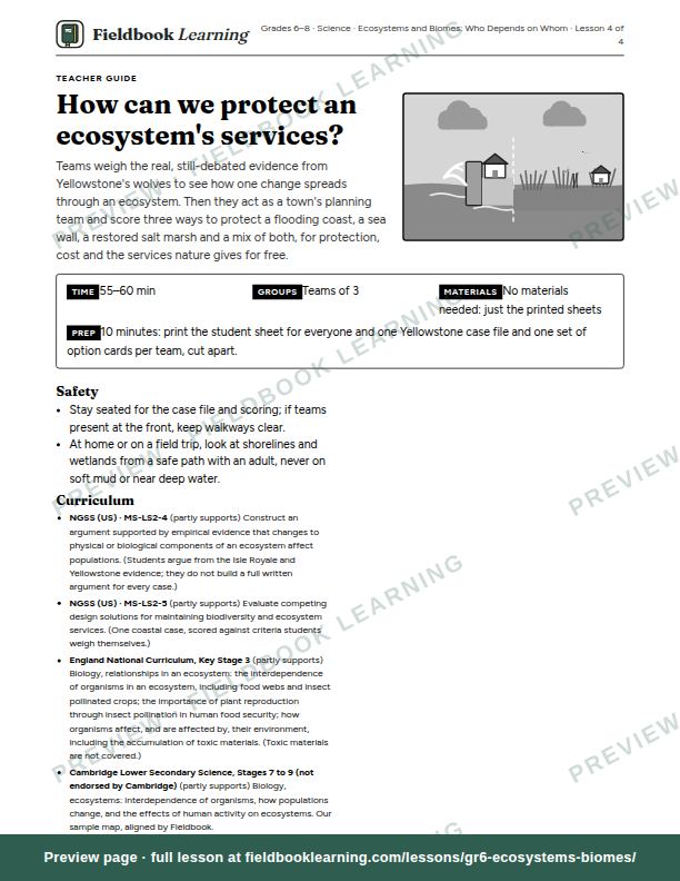 First page of the How can we protect an ecosystem's services? teacher guide
