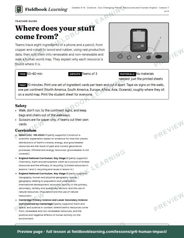 First page of the Where does your stuff come from? teacher guide