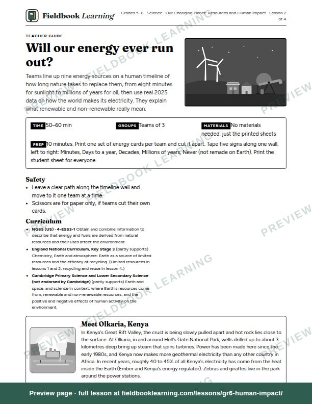 First page of the Will our energy ever run out? teacher guide