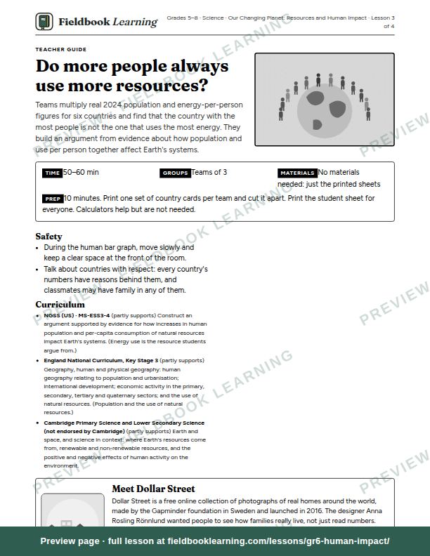 First page of the Do more people always use more resources? teacher guide