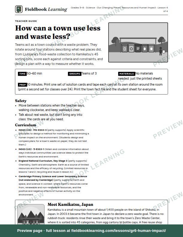 First page of the How can a town use less and waste less? teacher guide