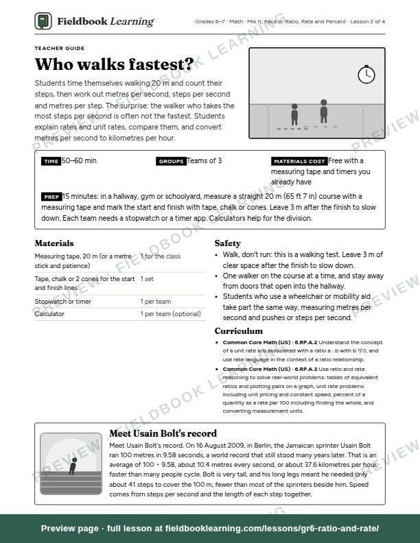First page of the Who walks fastest? teacher guide