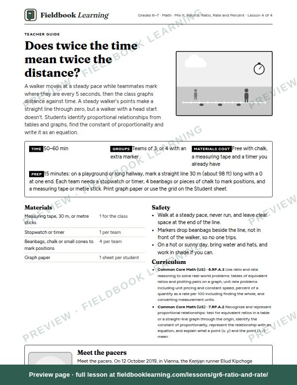 First page of the Does twice the time mean twice the distance? teacher guide