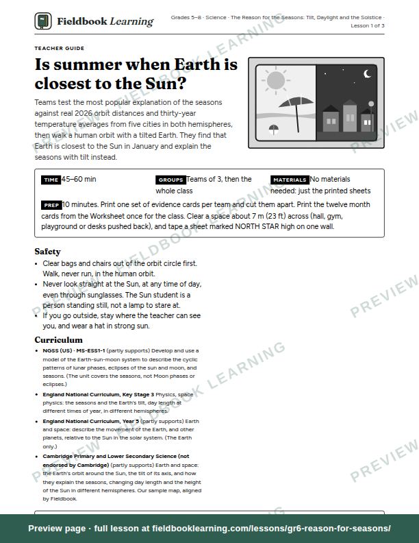 First page of the Is summer when Earth is closest to the Sun? teacher guide