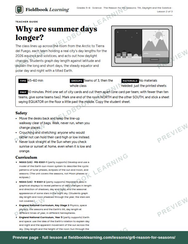 First page of the Why are summer days longer? teacher guide