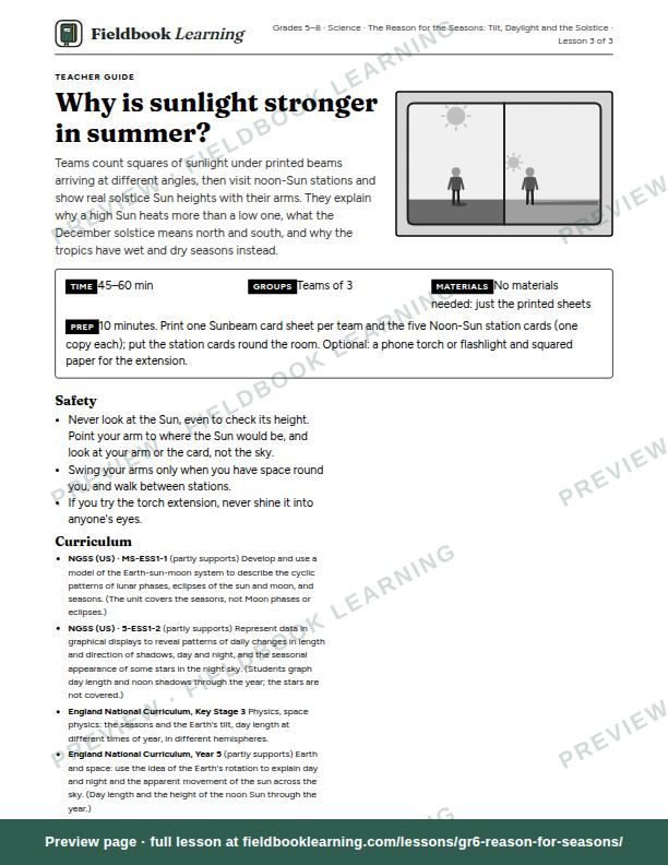 First page of the Why is sunlight stronger in summer? teacher guide