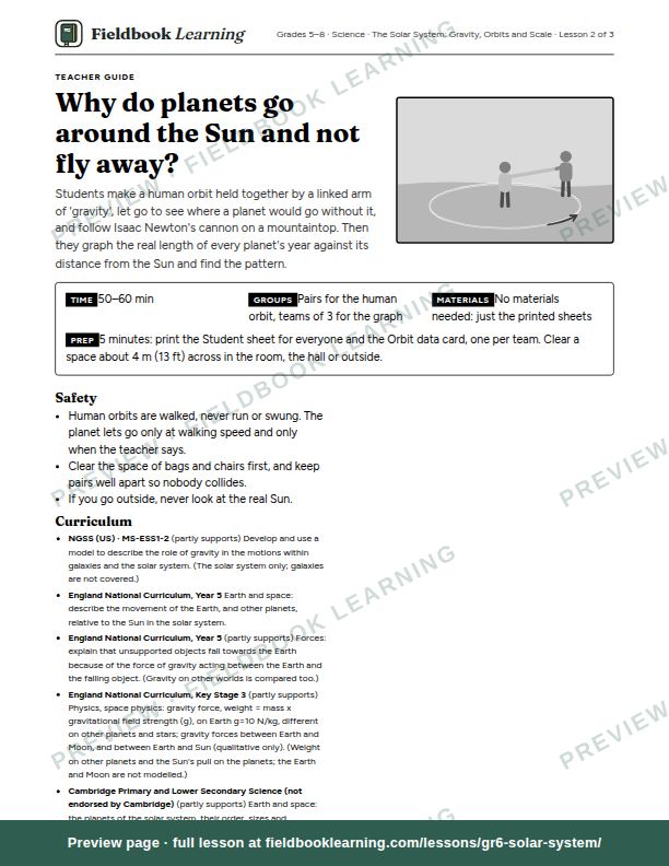 First page of the Why do planets go around the Sun and not fly away? teacher guide