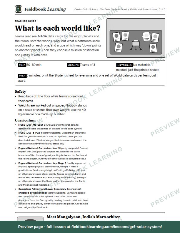 First page of the What is each world like? teacher guide