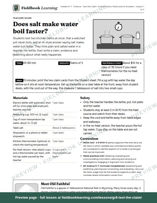 First page of the Does salt make water boil faster? teacher guide