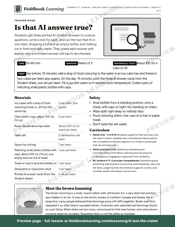 First page of the Is that AI answer true? teacher guide