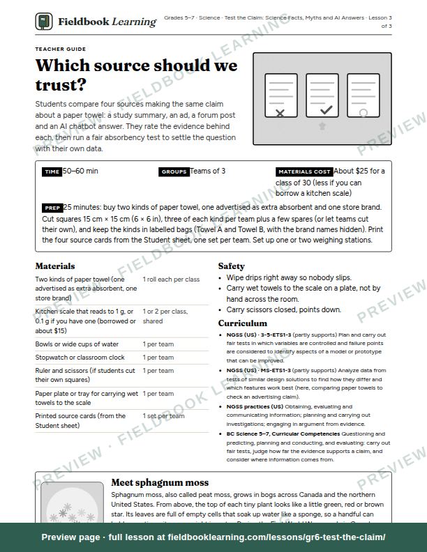 First page of the Which source should we trust? teacher guide