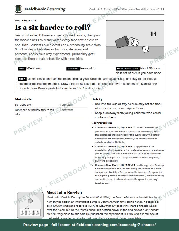First page of the Is a six harder to roll? teacher guide