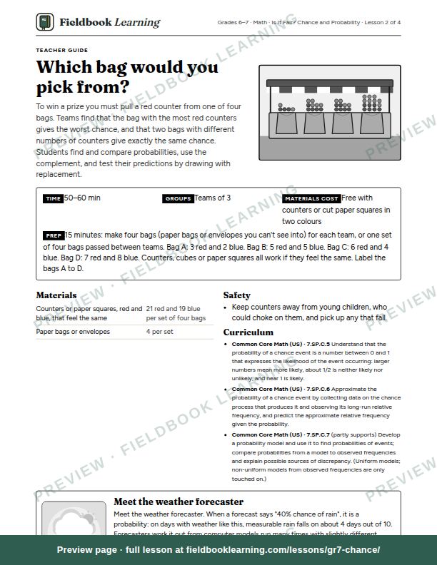 First page of the Which bag would you pick from? teacher guide