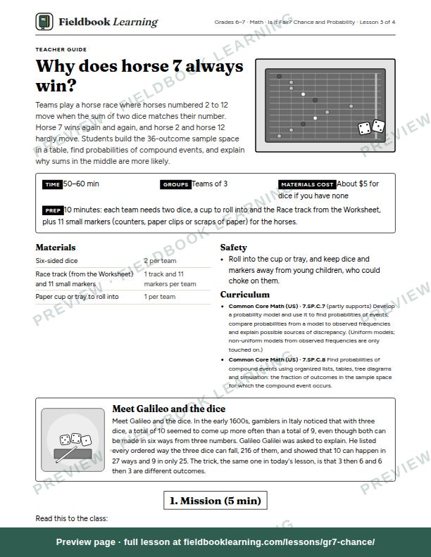 First page of the Why does horse 7 always win? teacher guide