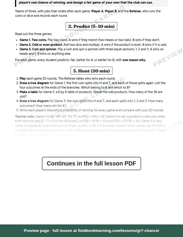 Inside: the lesson steps: Can you design a fair game?