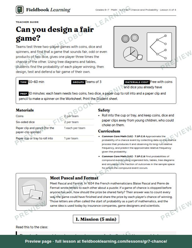 First page of the Can you design a fair game? teacher guide