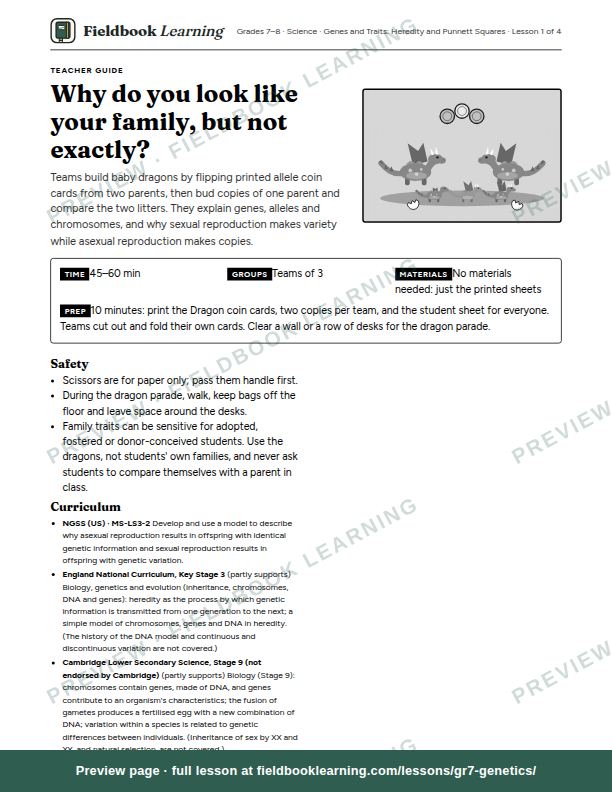 First page of the Why do you look like your family, but not exactly? teacher guide