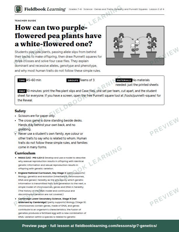 First page of the How can two purple-flowered pea plants have a white-flowered one? teacher guide