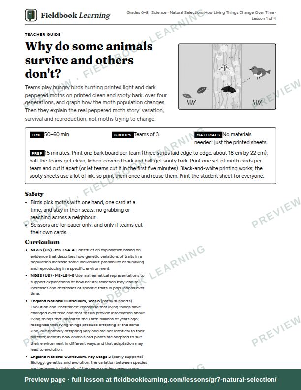 First page of the Why do some animals survive and others don't? teacher guide