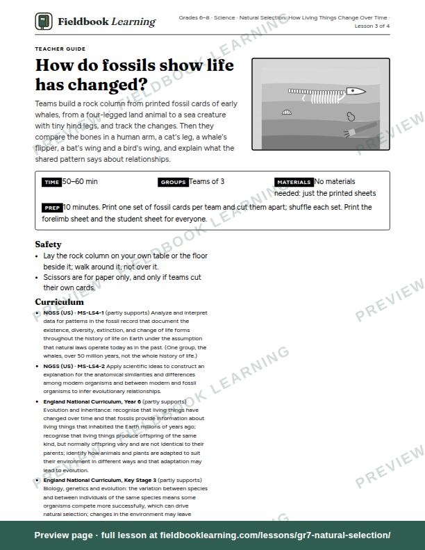 First page of the How do fossils show life has changed? teacher guide