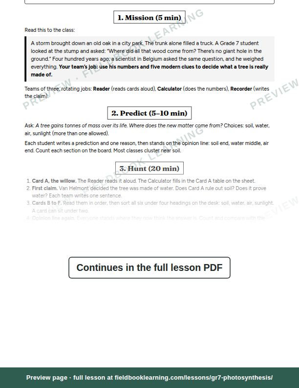 Inside: the lesson steps: Where does a tree's mass come from?
