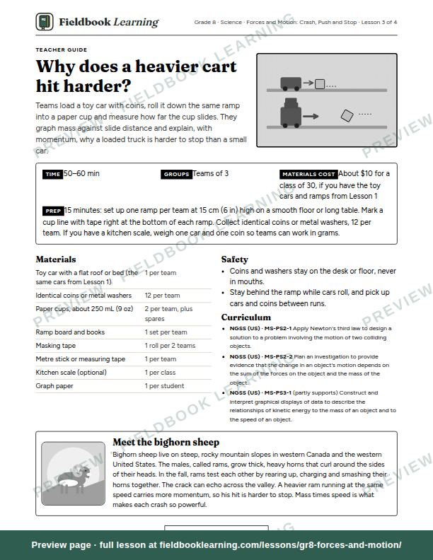 First page of the Why does a heavier cart hit harder? teacher guide