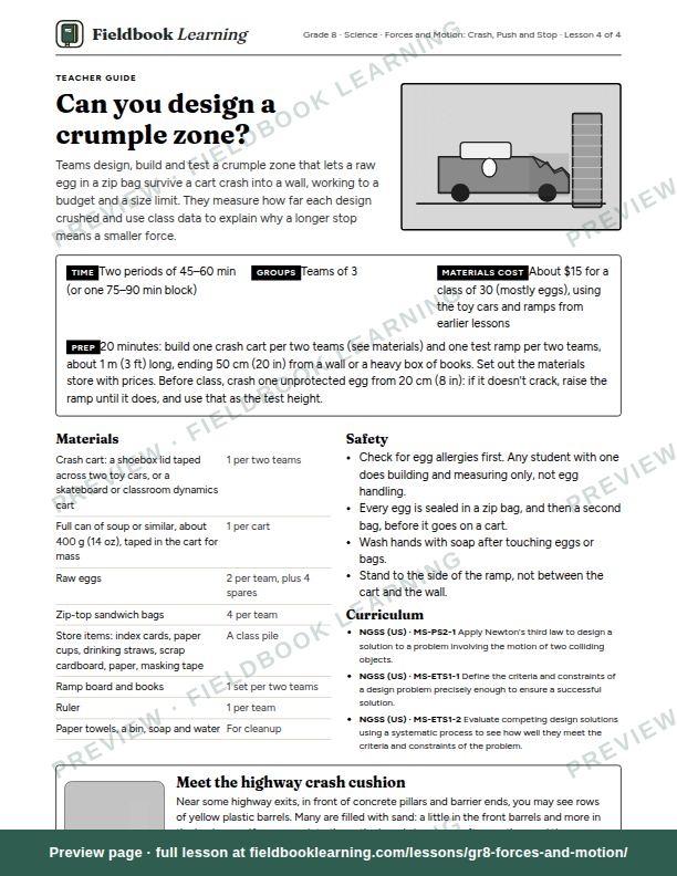 First page of the Can you design a crumple zone? teacher guide