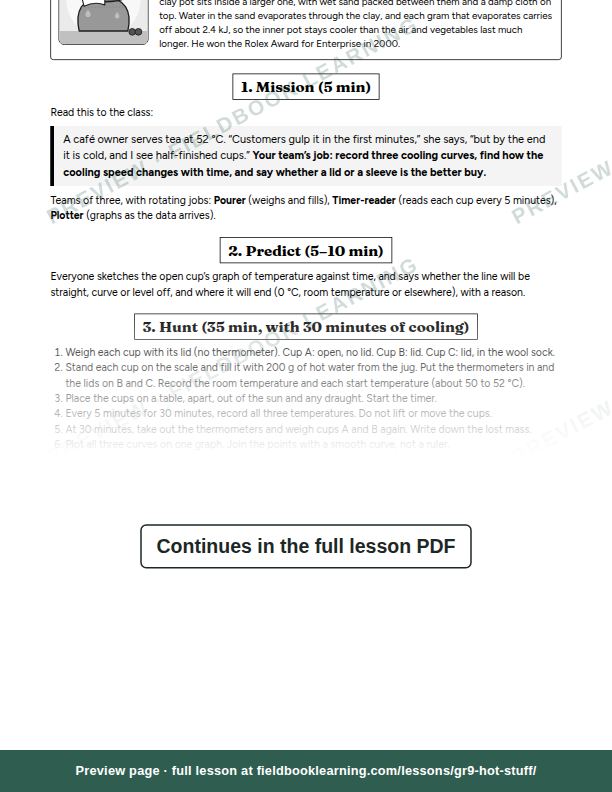 Inside: the lesson steps: Why does a hot drink cool fastest at the start?
