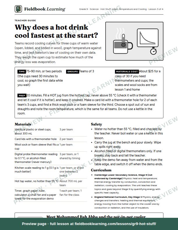 First page of the Why does a hot drink cool fastest at the start? teacher guide
