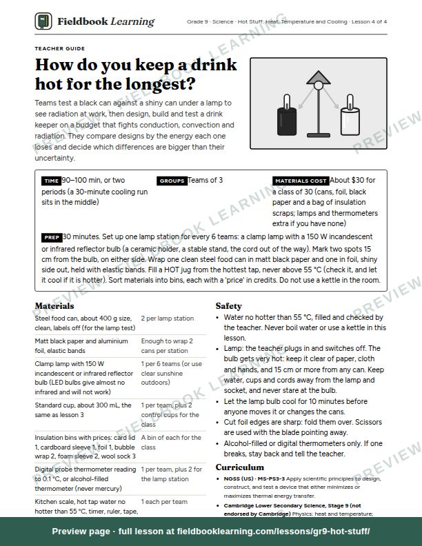 First page of the How do you keep a drink hot for the longest? teacher guide