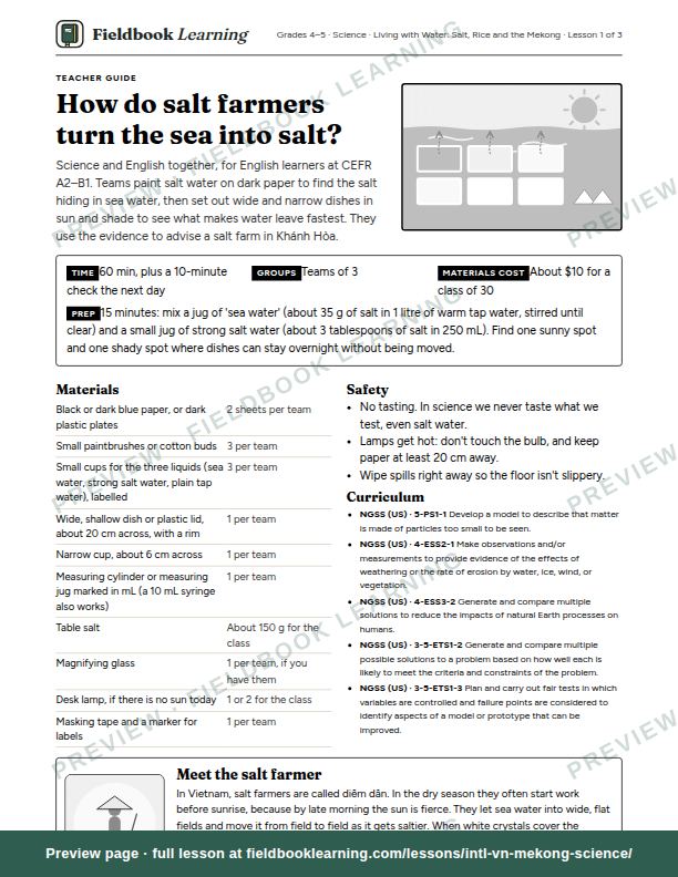 First page of the How do salt farmers turn the sea into salt? teacher guide