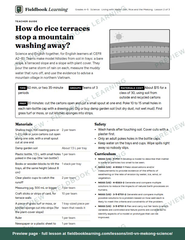 First page of the How do rice terraces stop a mountain washing away? teacher guide
