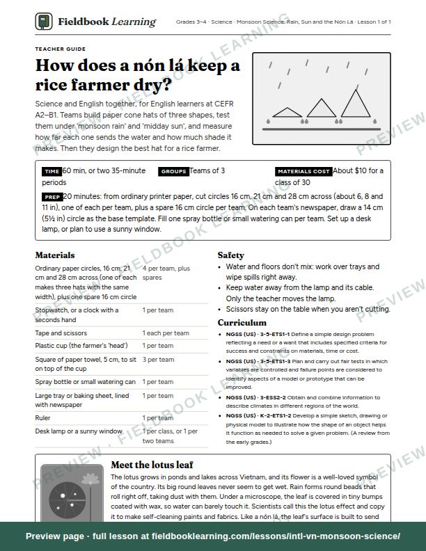 First page of the How does a nón lá keep a rice farmer dry? teacher guide