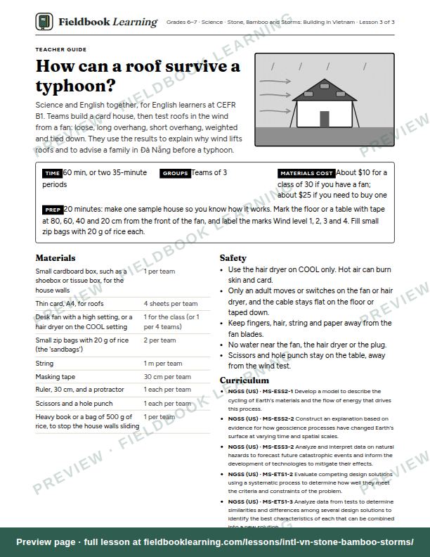 First page of the How can a roof survive a typhoon? teacher guide
