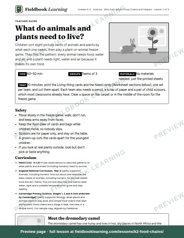 First page of the What do animals and plants need to live? teacher guide