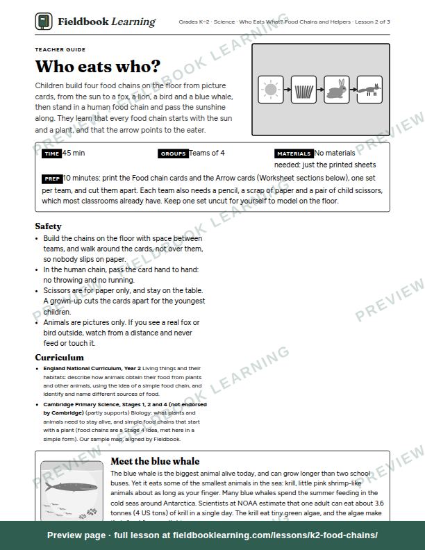 First page of the Who eats who? teacher guide