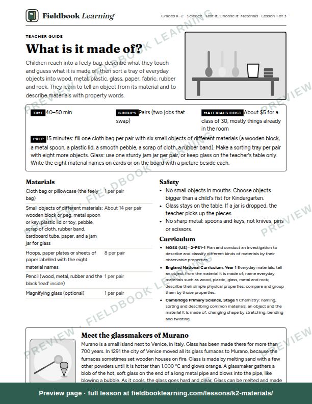First page of the What is it made of? teacher guide
