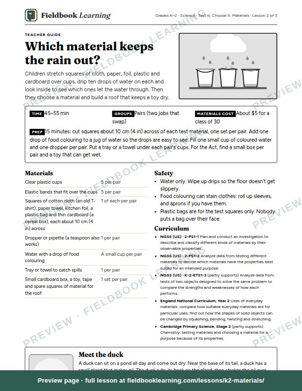First page of the Which material keeps the rain out? teacher guide