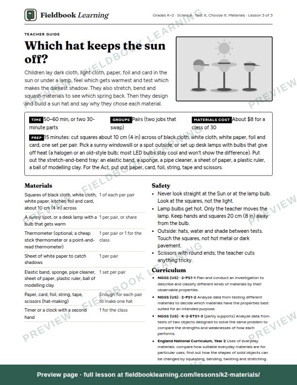 First page of the Which hat keeps the sun off? teacher guide