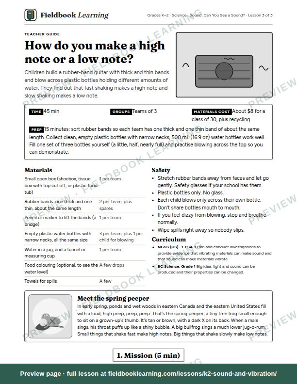 First page of the How do you make a high note or a low note? teacher guide