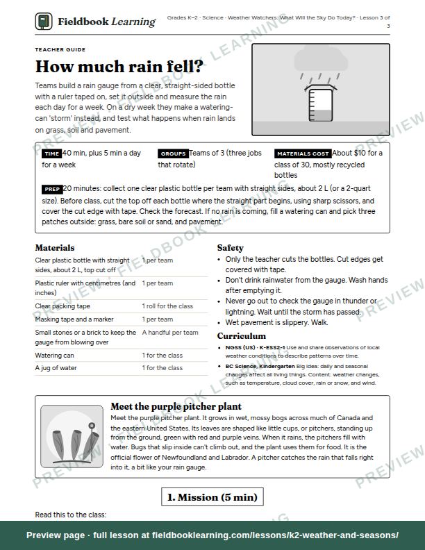 First page of the How much rain fell? teacher guide