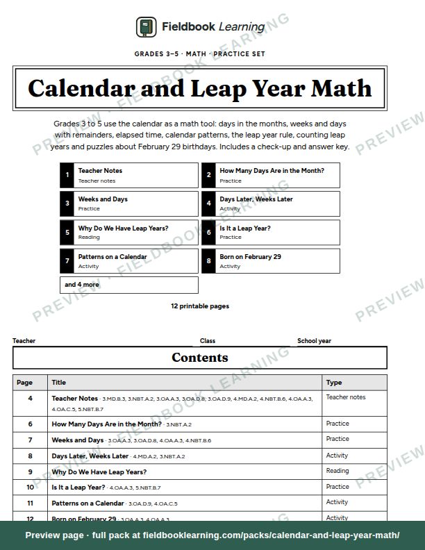 Cover page of Calendar and Leap Year Math