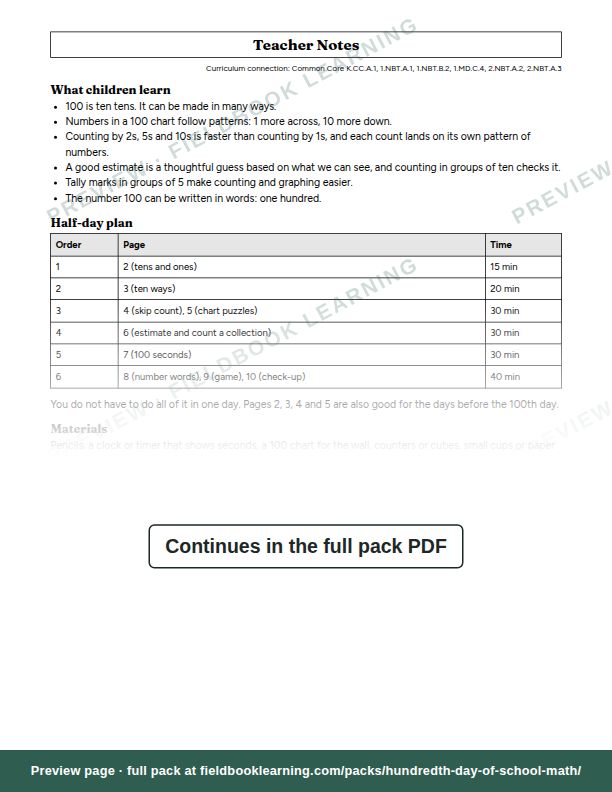 A sample page from 100th Day of School Math